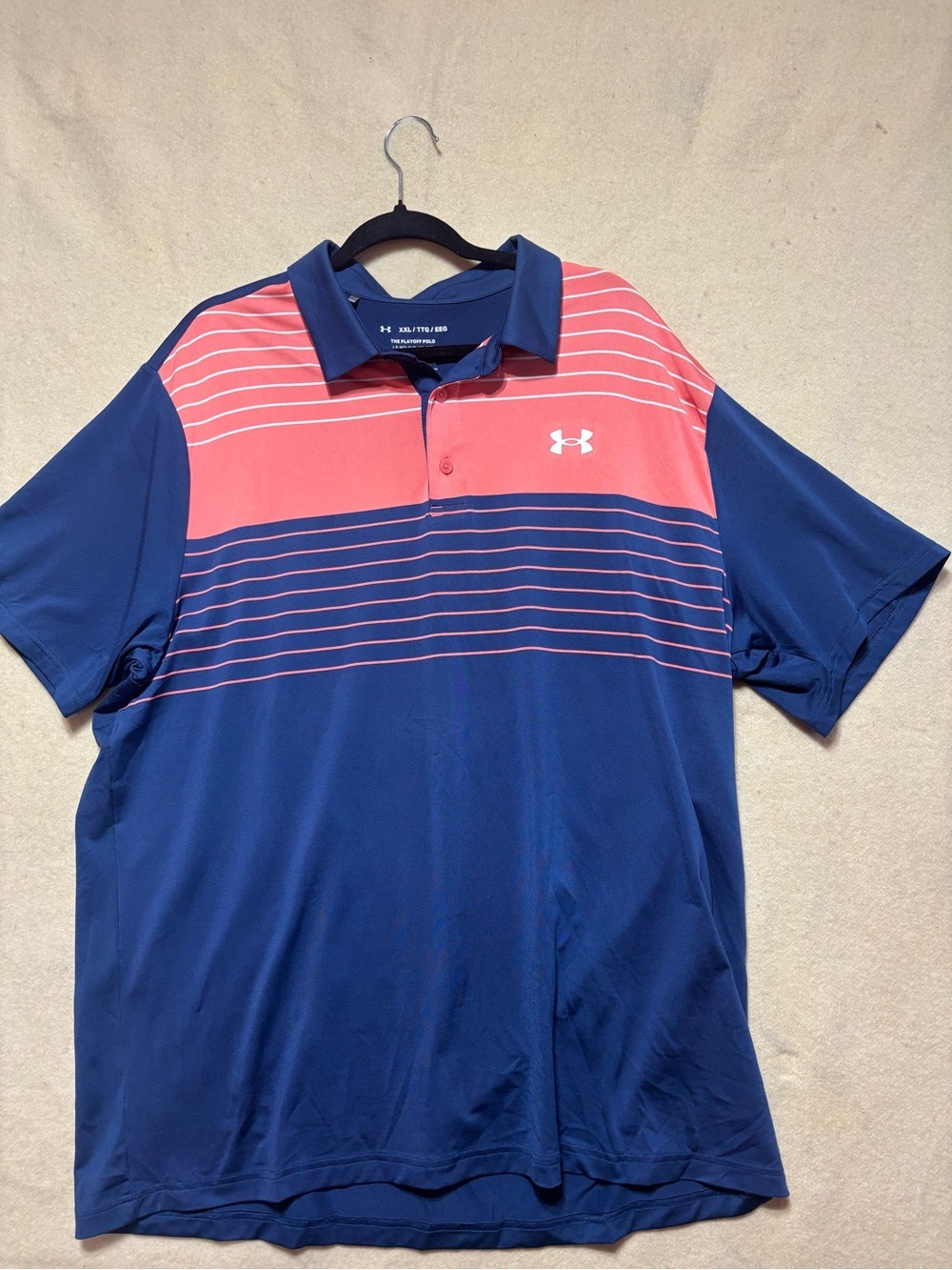 Under Armour Playoff Polo Shirt Men’s XXL Blue Pink Striped Performance Golf Pol